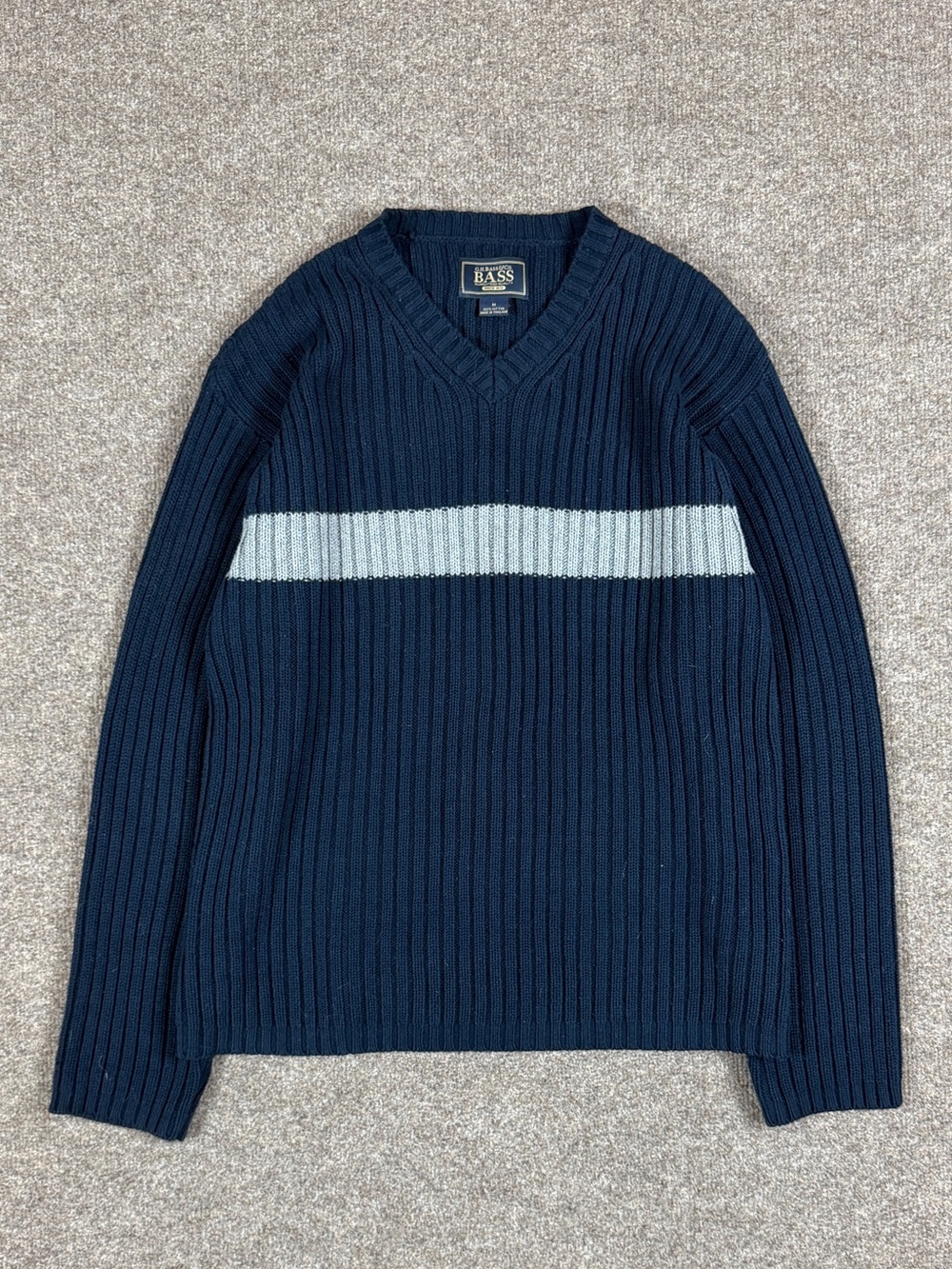 Vintage Navy Grey Chest Stripe Long Sleeve V-Neck Ribbed Sweater Men’s M 90s Y2K